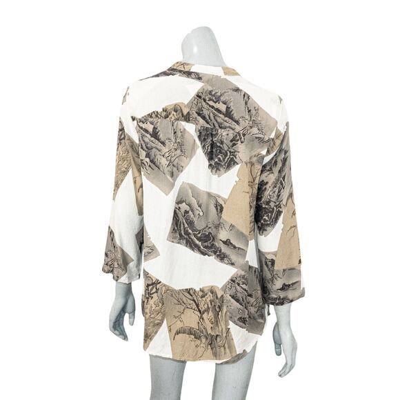 Citron of Santa Monica Women's 100% Silk blouse mandarin collar mountain print M - Picture 4 of 7